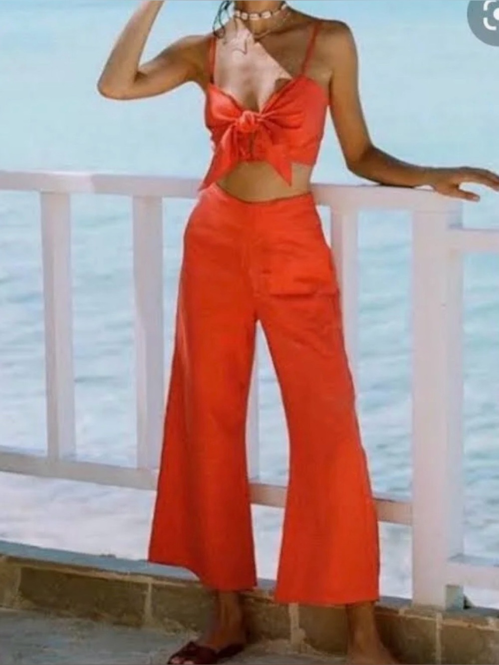 Faithfull the Brand Tomas Linen Pants Tangerine Red High Waist Wide Flared Leg 6